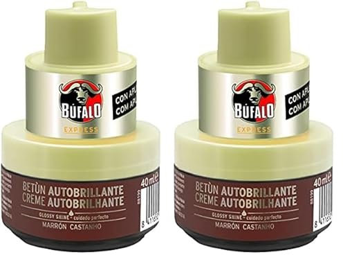 Búfalo Express - Betún en Crema Autobrillante Color Marrón, Cuidado del Calzado y Color, Brillo Satinado Superior, Esponja Integrada - Tarro de 40ml (Paquete de 2)