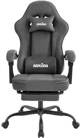 SUKIDA Silla de gaming de tela, silla ergonómica para videojuegos con reposapiés, silla de ordenador de carreras ajustable con soporte lumbar, gris silla ergonómica para PC