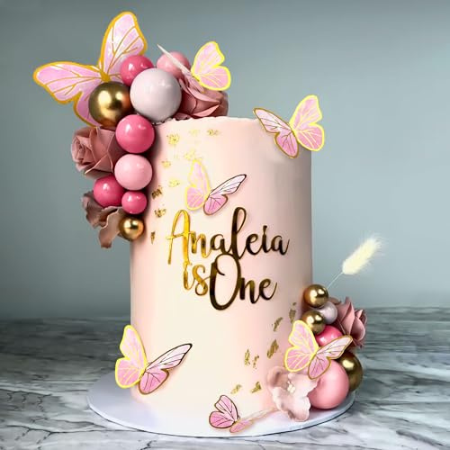 decoraciones de la torta de la mariposa rosada con bolas de oro rosa