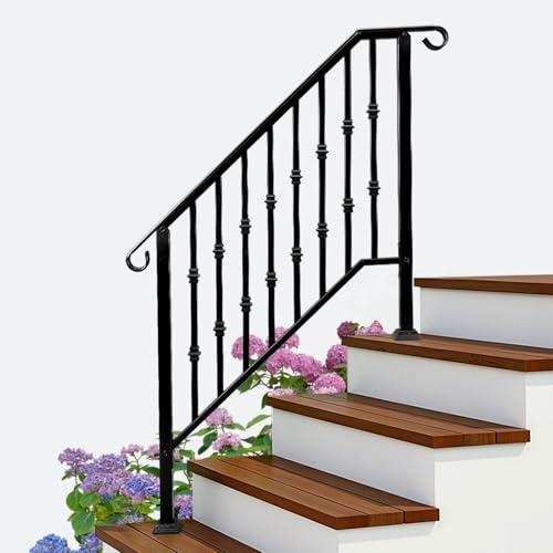 Outopee Outdoor Handrail for Stairs, Galvanized Iron Handrail with Pagoda Pattern, 3 Steps Stair Railing, Stair Rails for Garden, House Entrance, Backyard & Balcony, Black