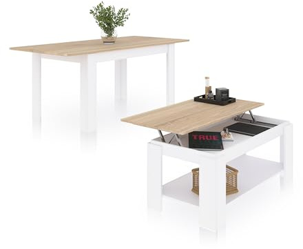 duehome | Pack de Mesa de Comedor y Mesa de Centro Elevable, Conjunto de Salon, Modelo Sira y LYA 140, Acabado en Blanco Artik y Roble Canadian