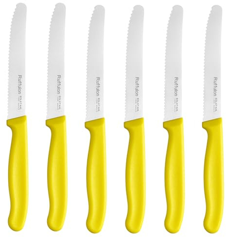 Ruffulon Serrated Tomato Knife 6 Piece Set, Stainless Steel Utility Knives, Yellow Plastic PP Handle Knifes, Long Lasting and Durable Paring Knife with Ergonomic Handle