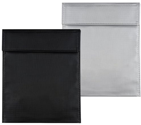 2Stück Feuerfest Wasserdicht Safe Bag - 18 x 23cm Feuerfeste Dokumententasche, Tragbare Flammhemmende Tasche, Lipo Akku Tasche, Tasche Protection Feuerfes für Bargeld Schmuck Pass (Schwarz+Silber)