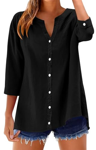 Rapbin Womens Cotton Linen Blouse 3/4 Length Sleeve Button Down V Neck Casual Tops Loose Fit Roll Up Sleeves Dressy Tunic Tops(Black,XXL)