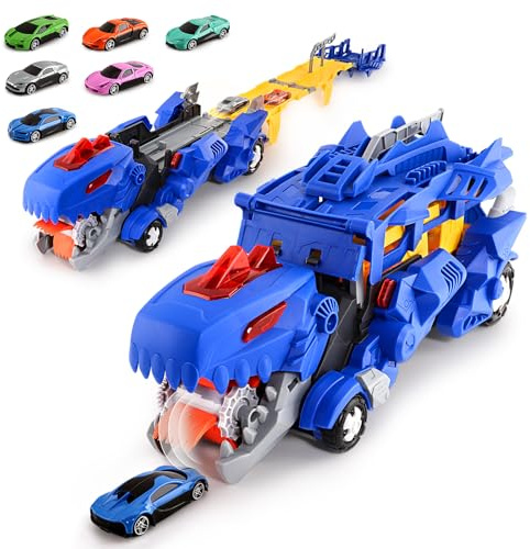 Transformerbart Dinosaurie Transportfordon med 6 Racerbilar, Vikbar Banhastighetsbana med Handtag, Utomhus- och Inomhuslek för Barn 3+