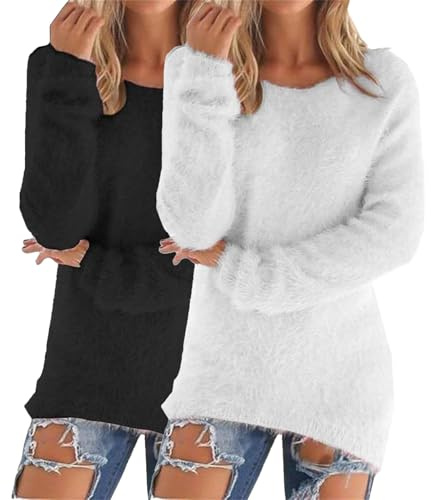 YCBMINGCAN Lot de 2 pulls pour femme | Pull douillet pour femme moelleux et chaud | Haut thermique comme long pull d'hiver | Pull polaire à manches longues en peluche pour la maison, S