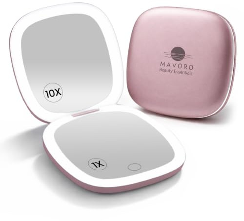 Mavoro Espejo de Maquillaje de Viaje LED | Aumento 1x/10x | Recargable USB-C | Espejo Compacto portátil para Bolsillo y Bolso con Sensor táctil (Rose Dust)