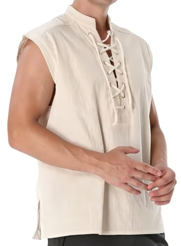 Homme Gilet Henley sans manches, chemise lacets style steampunk pirate | gothique viking gilet médiéval avec cordon de serrage, haut décontracté lin et coton grande taille Halloween