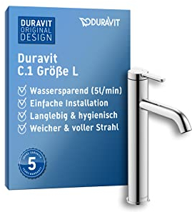 Duravit C.1 Waschtischarmatur, Größe L (Auslauf Höhe 173 mm), Wasserhahn Bad, Waschbecken Armatur mit Keramikkartusche, Chrom