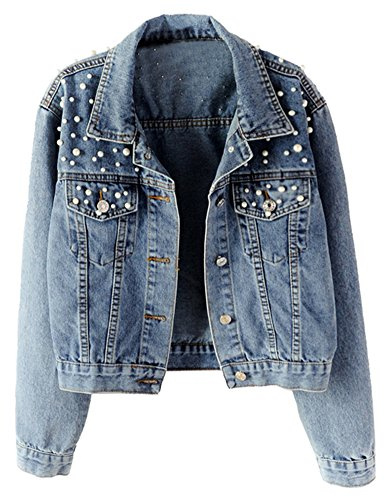 LifeShe Women's Embroidered Pearl Denim Jean Jacket Coat