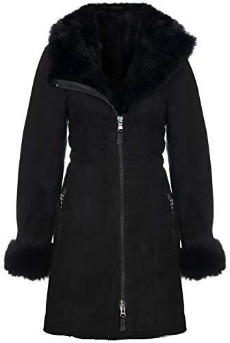 Infinity Leather Cappotto da Giacca da Donna in Montone Merino in Scamosciato Nero con Cappuccio 3XL