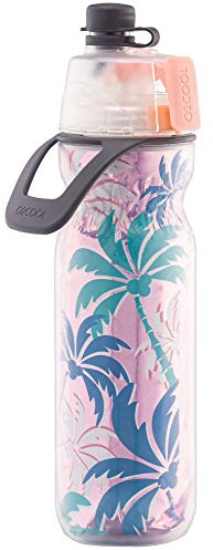 O2COOL Mist 'N Sip Misting Water Bottle 2-in-1 Mist And Sip Function With No Leak Pull Top Spout Reusable Sports Water Bottle - 20 oz (Pink Palm Tree)