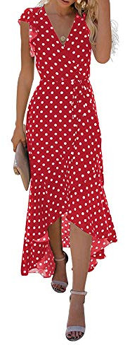 GRECERELLE Womens Summer Maxi Dress Boho Floral Cocktail Midi Polka Dot Wrap Dresses V Neck Casual Party Bohemian Flowy Long Dress for Ladies