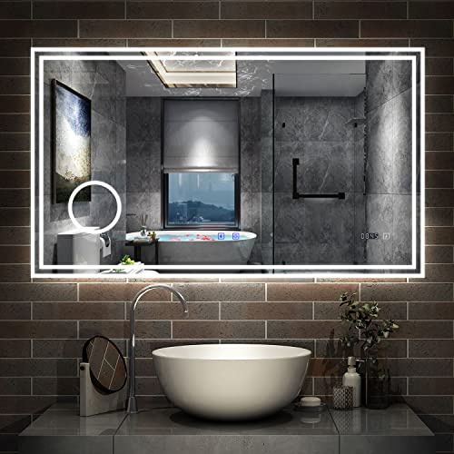 AICA Miroir de Salle de Bain LED avec Bluetooth, Mural Miroir avec Horloge + 3 Couleurs + Dimmable + Anti-buée + Grossissant 3X,Interrupteur Tactile Étanche IP44-100 x 60cm