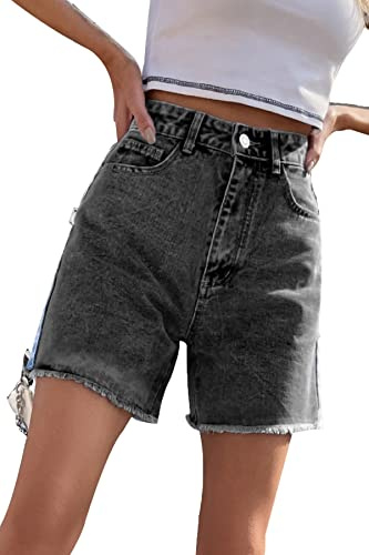 GOLDPKF Womens Denim Jean Shorts Ladies Cotton Casual Button Middle Length Knee Shorts Stretch Summer Hot Pants Grey UK Large