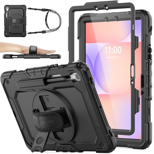SEYMAC stock Funda para Samsung Galaxy Tab S10 Lite/ S10 FE/ S9 FE/ S9 11''/10,9'' 2025/2023, Funda Resistente con Protector de Pantalla, Soporte Giratorio/Correa de Mano y Portalápices, Negro