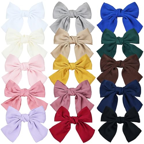 Cinaci 15 Pieces 18cm/7 Big Oversized Silky Satin Hair Bows for Women, Large Bow Automatic Spring Hair Clips French Barrettes Accessories for Women Girls Teens Kids