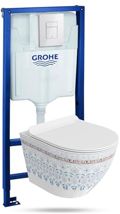 LAVITA Elemento da parete Solido + parete sospesa WC Sofi Slim Folklor senza bordi e sedile WC SoftClose | pulsante bianco lucido | Set completo | Cassetta di risciacquo da incasso | WC completo |