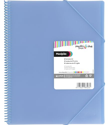 Grafoplas - Portafolios a4 Plastico, 30 Fundas Transparentes de Polipropileno Extra, Azul Claro, Espiral PVC, Maxiplás Multiline, Perfecto Material Escolar y de Oficina, 31,2x24x2,8cm