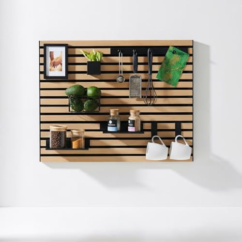 Steinmine - Designmanufaktur Wandorganizer (60 x 80 cm) - Akustikpaneel mit Eichenholzlamellen - inkl. Zubehör - einfache Montage - für Büro, Flur, Küche, Bad und mehr