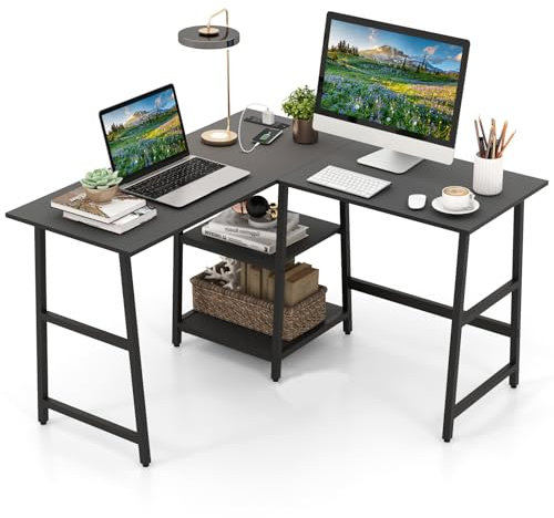 COSTWAY 120cm L-Shaped Computer Desk, Large Desktop 2-Person Corner Writing Workstation PC Laptop Table with Storage Shelves, Home Office Work Study Gaming Desk (Black)