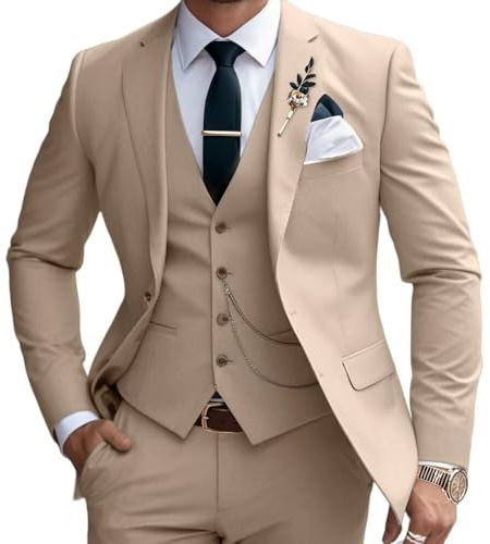 Lanshion 3 Pieces Suits for Men, Men's 2 Button Slim Fit Suit Set Notched Lapel Solid Blazers Vest Pants Set, Champagne, L