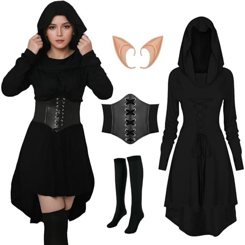 FSUJWOA Disfraz de elfo renacentista para mujer, ropa medieval gótica, vestido con capucha con corsé y accesorios para cinturón para fiestas de Halloween