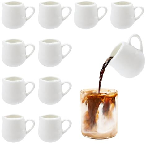 OMJMYY 10 Pcs White Small Porcelain Milk Jug 50ml Mini Creamer With Handles - Sauce and Gravy Pitcher for Coffee, Milk, and Sauces