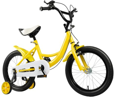 Vélo pour enfants 16 pouces avec roues stabilisatrices, garde-boue, protection de chaîne, pour enfants de 5-8 ans, hauteur réglable, vélo pour enfants pour filles et garçons 100-135cm (jaune)