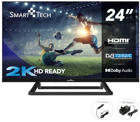 Smart Tech 24HN01V3CA HD LED TV 24 Pouces (60cm) Triple Tuner Dolby Audio H.265 HDMI USB, Résolution: 1366 (H) × 768 (V); Chargeur 12 Volts