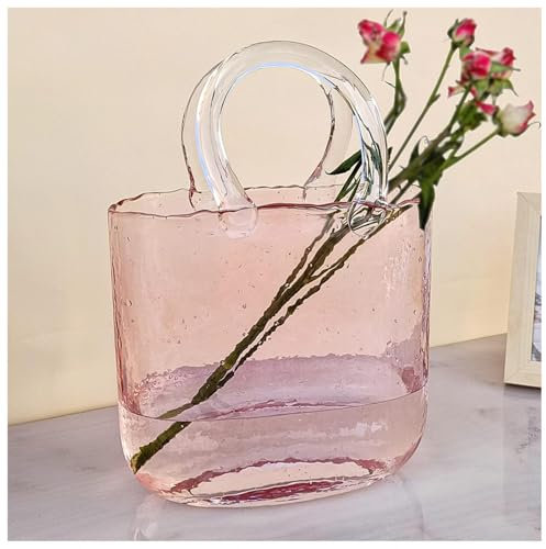 JarróN Transparente En Forma De Bolso, con Asa Jarron Forma De Bolso Glass Bag, Ideal para DecoracióN del Hogar, Boda,Style1-Pink