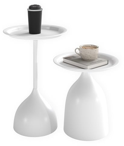 Ginhow Couchtisch 2er Set, Kleiner Runder Wohnzimmertisch Weiß – Modernes Design | Couchtisch Weiß Metall mit Tischkante | Coffee Table (Ф40 x 60H cm & Ф40 x 42H cm)