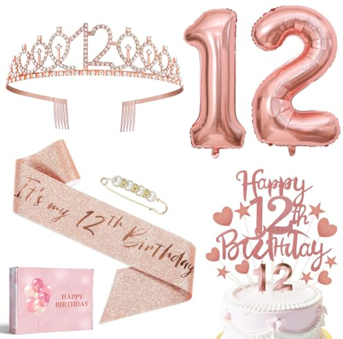 12° compleanno ragazza decorazione corona e fascia, 12° palloncini compleanno oro rosa, candela 12° compleanno decorazione compleanno 12° regalo per fidanzata w917