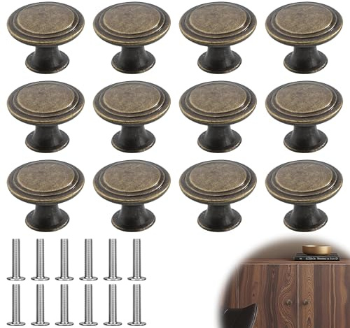 Noenaeni 12PCS Vintage Cabinet Knobs, Vintage Kitchen Cupboard Handles, 30mm Diameter Antique Style Cabinet Brass Door Knobs with Screws, Round Furniture Door Knobs for Cupboards and Drawers