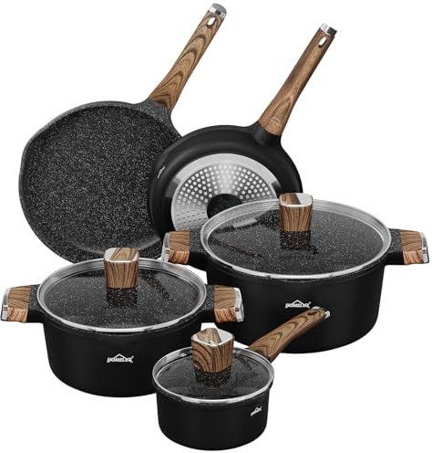 HOMELUX Grytset induktion,8 stycken kastruller och stekpannor med lock non-stick-beläggning, stekpanna 24/28 cm, mjölkgryta 16 cm, kastrull 24/28 cm, köksredskapsset, krukor set för alla typer av