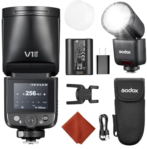 Godox V1 Mid S para Sony V1 Mid-S Flash Cámara 55Ws Speedlite Cabeza Redonda TTL Mini Flash con Difusor Zapata Caliente,2,4G HSS 1/8000s,Pantalla Táctil Color,USB-C,Compatible A7CII A6700 y AK-R1
