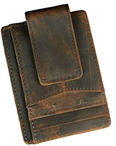 Le’aokuu Herren Echtes Leder Geldbörse Brieftasche mit Dollar Clip Geldklammer RFID Schutz Schlank Portemonnaie 1092 (1092 Dunke Braun)