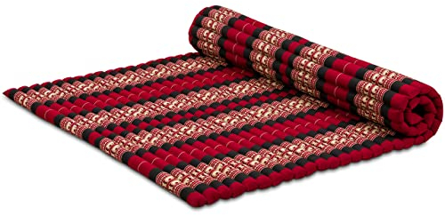 livasia Rollmatte XXL breit Doppelbett - 200x145x4,5cm - Gästebett Gästematratze 2 Personen mit Muster, Reisebett für Kofferraum und outdoor, Thaimatte Kapok Garten und Balkon (Rot/Elefanten)
