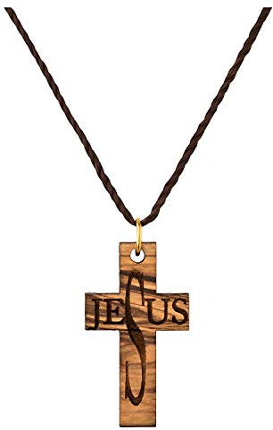 MaMeMi Kreuz aus OLIVENHOLZ mit JESUS Gravur ca. 4 cm Anhänger mit Band ca. 80 cm HANDARBEIT aus dem HEILIGEN LAND Halskette für KONFIRMATION oder KOMMUNION