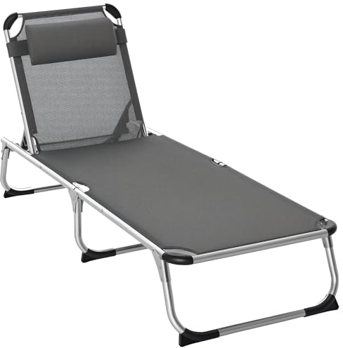 Outsunny Bain de Soleil Chaise Longue Pliante avec appuie-tête, transat inclinable en Aluminium et textilène, transat Jardin extérieur pour Plage Relax Camping Piscine terrasse, 165x60x76cm, Gris