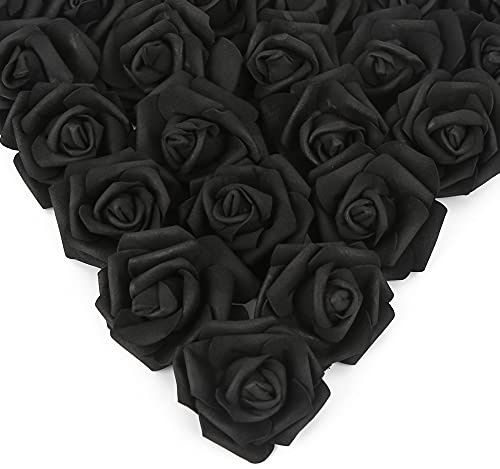 IPOPU Artificial Rose Flower Heads, 100 Pcs Real Looking Black Foam Fake Roses for DIY Wedding Baby Shower Centerpieces Arrangements Party Tables Home Decorations (Black, Stemless)