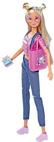 Simba 105733602 - Steffi Love Kitty Fashion, Ankleidepuppe in einem modischen Outfit mit Brille und Tablet in Katzenoptik und Shopper, 29cm Spielpuppe, ab 3 Jahren
