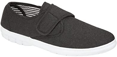 GladRags Mens Canvas Hook & Loop Strap Closure Wider Fit Plimsoll Pump Trainer Deck Shoe, Charcoal, Size 9
