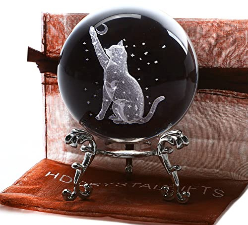 ZEERSHEE 60mm 3D Laser Etched Cat Crystal Ball with Moon Stars Cat Glass Paperweight Figurine for Cats Lovers Home Decor