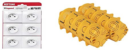 Legrand - Lot de 6 prises de courant avec terre Neptune - Blanc & Lot de 10 boîtes à encastrer 1 poste Batibox plaque de plâtre