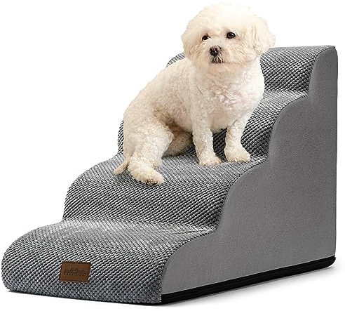 COZY KISS Dog Stairs for Small Dogs, Curved Pet Step with Leakproof Cover, High Density Foam Cat Ramp for Bed or Sofa, Lightweight, Durable, Comfort (Grey, 4 Step (15.7x28.3x19.7 inch), 4)