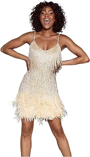 MIMIKRY Tina Turner Robe à franges pour femme avec plumes Tenue disco années 70 Charleston Mini robe dorée Taille M