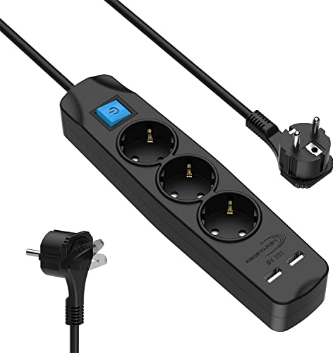 RedStar24 Steckdosenleiste 3m 3-Fach mit USB | Mehrfachsteckdose mit Flachstecker & Schalter | Mehrfachstecker mit Wandmontage | Steckerleiste mit flachem Winkelstecker | Steckdose Schwarz