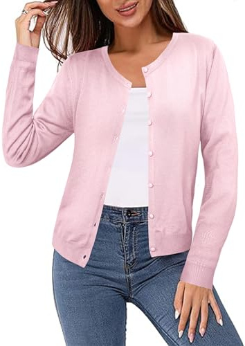 Irevial Cardigan Mujer Manga Larga Ligero con Cuello Redondo,Chaqueta de Punto Estilo Básico Elegante Cárdigan Jersey con Botones Rebecas Casual para Primavera Otoño Rosa M