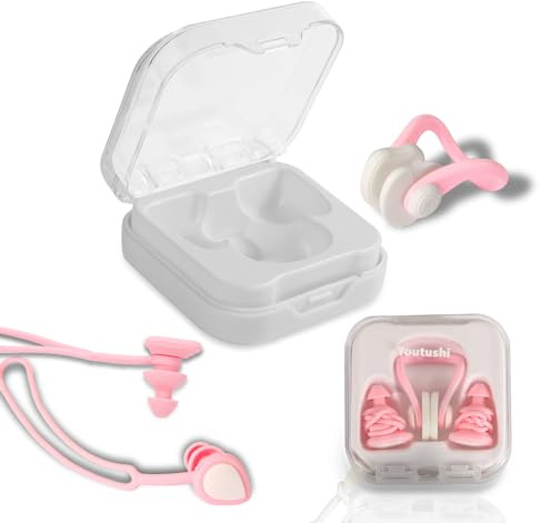 Youtushi Swimming Ear Plugs & Nose Clips for Swimming, Surfing, Baths & Showers - Pink, Silicone, Reusable, Medium Size, In-Ear, 2 Pieces